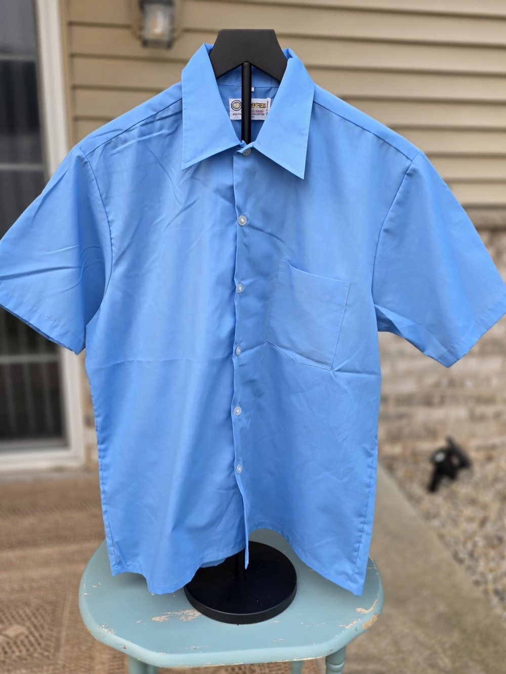 Vintage 70s Permanent Press Blue Disco Collar Button Up Shirt Mens M